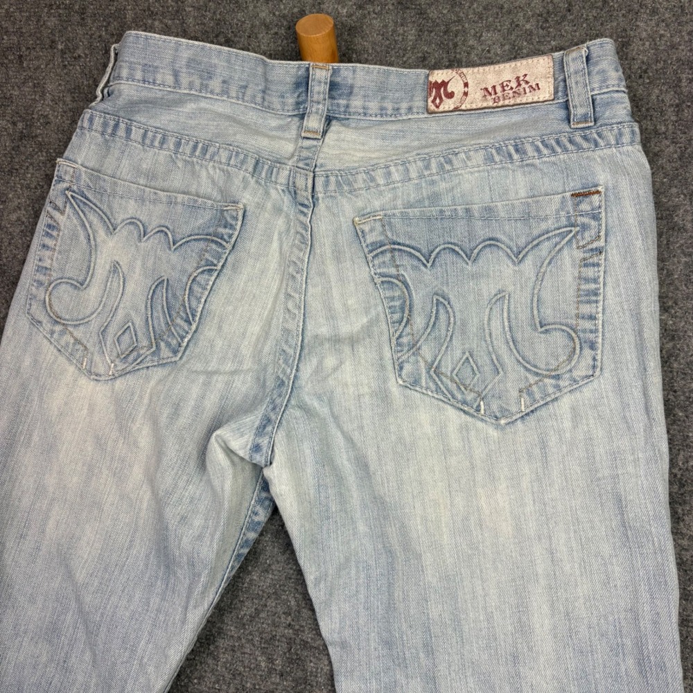 MEK Denim Brant Straight Jeans Mens 34x34 Light Wash Blue Embroidered Pockets